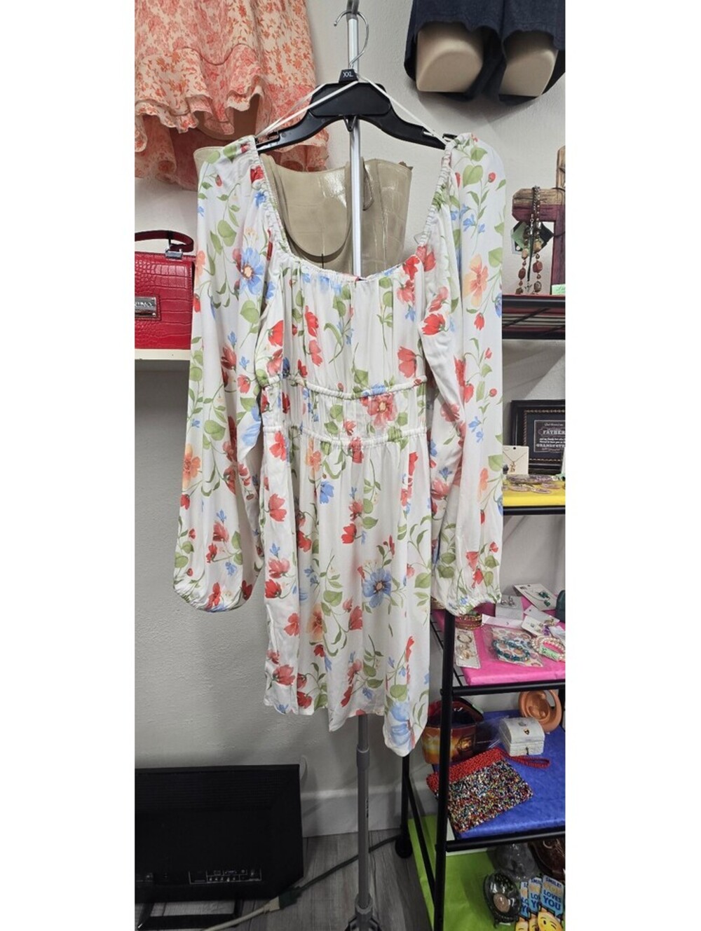 White Floral Long-Sleeve Mini Dress - Size L